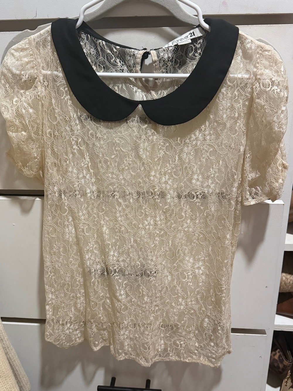 Forever 21 Cream Lace Top with Black Peter Pan Collar